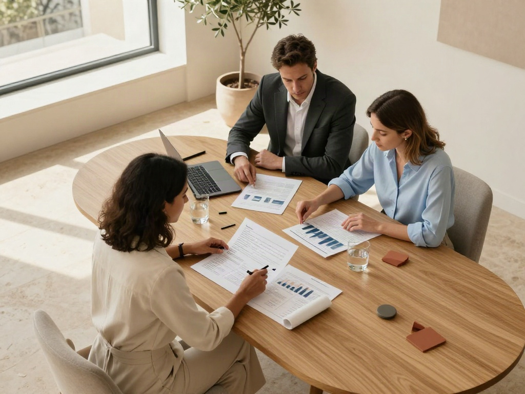Consultants working together around an oak table, reviewing business performance charts